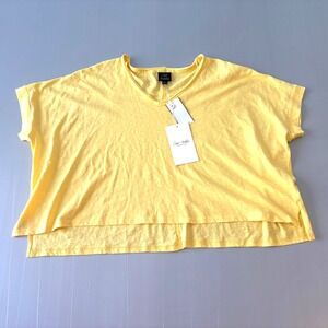 NWT Oak & trellis V-Neck T-Shirt Top Large L Yellow Slub Cotton‎ Hi-Lo Hem $40